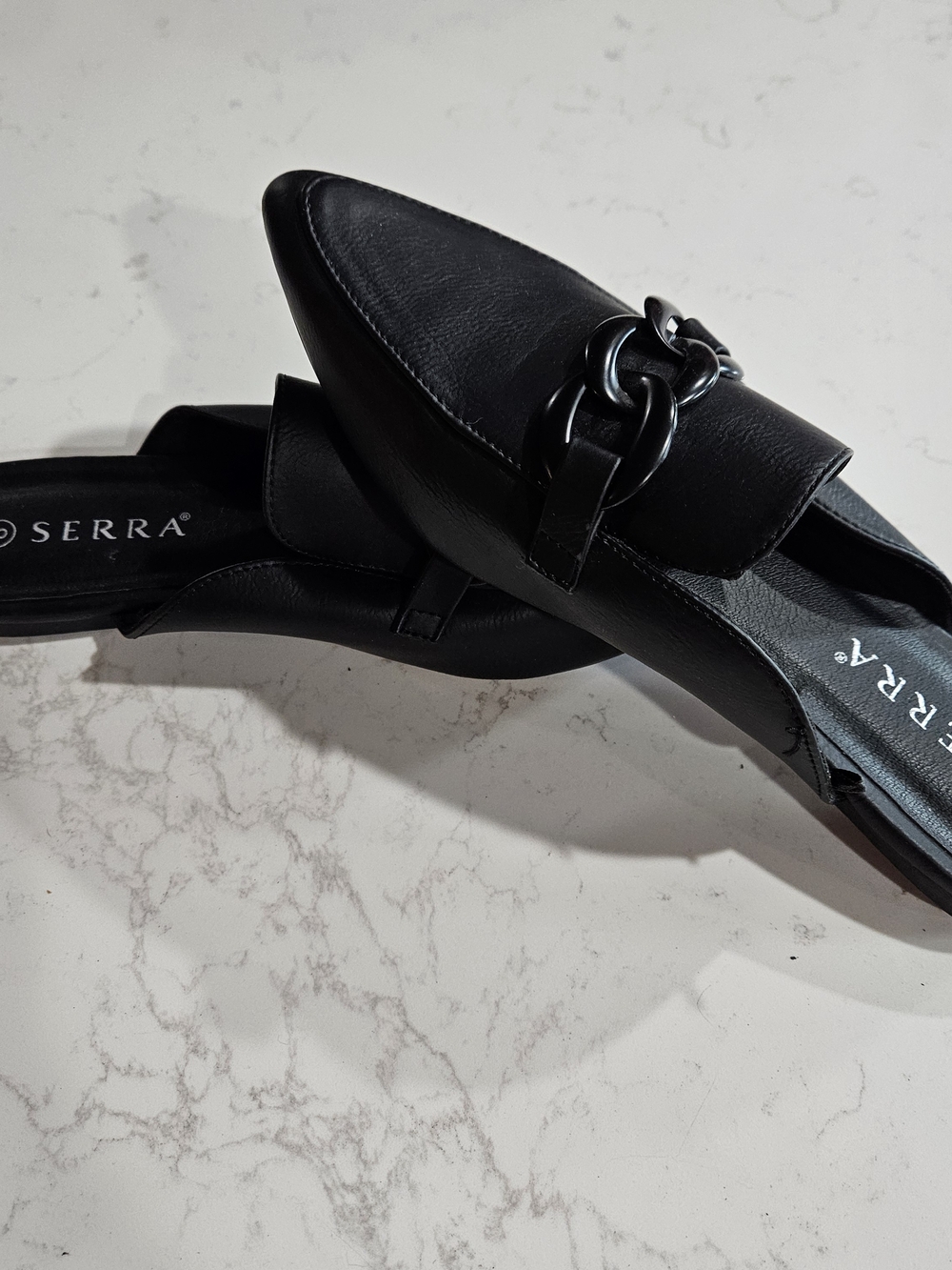 Serra Black Pointed-Toe Chain-Detail Slip-On Mules Size 8 - Picture 3 of 4